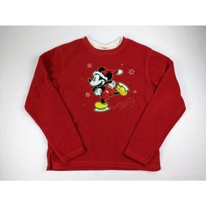Vintage Mickey Mouse Christmas Ice Skating Red Fleece Sweatshirt Size Small